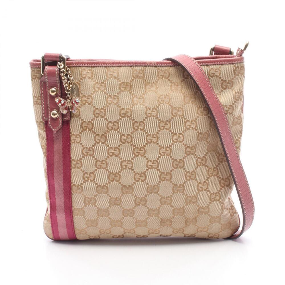 Gucci GG Canvas Charm Shoulder Bag Leather Beige Cream Pink